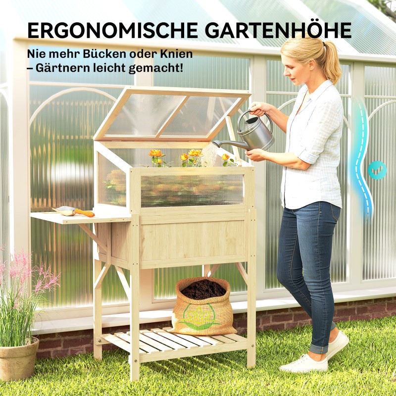 Korotettu istutuslaatikko kasvatuskannella ja sivupöydällä, kuusipuuta, 104 x 50 x 120 cm, luonnonpuu