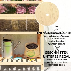 Korotettu istutuslaatikko kasvatuskannella ja sivupöydällä, kuusipuuta, 104 x 50 x 120 cm, luonnonpuu