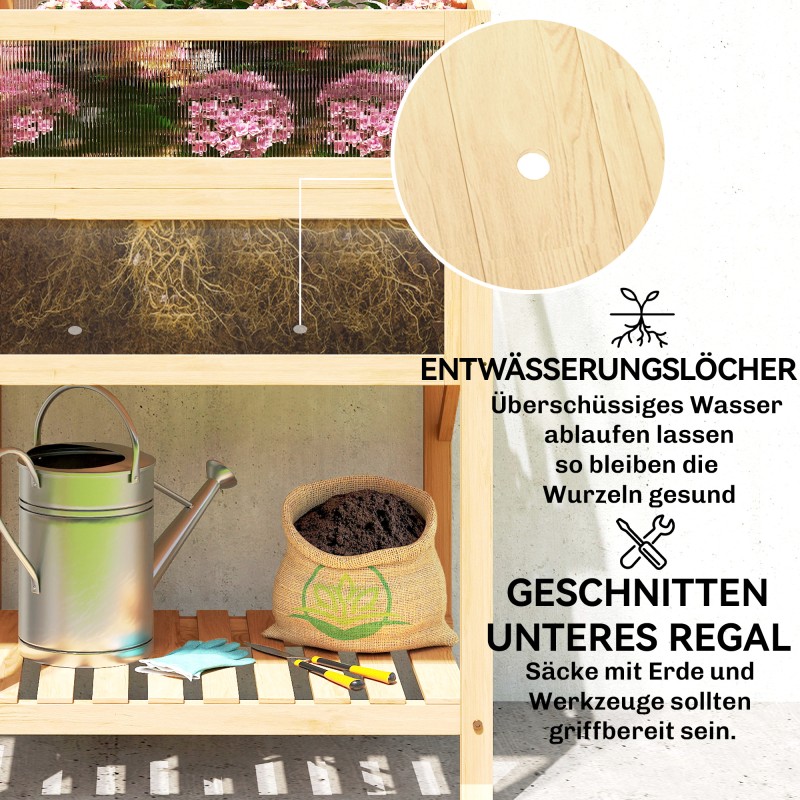 Korotettu istutuslaatikko kasvatuskannella ja sivupöydällä, kuusipuuta, 104 x 50 x 120 cm, luonnonpuu