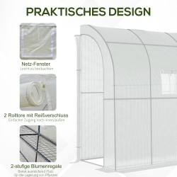 Seinänvieruskasvihuone tomaatille ja taimille, PE-kangas ja teräsrunko, 200 x 100 x 215 cm, valkoinen