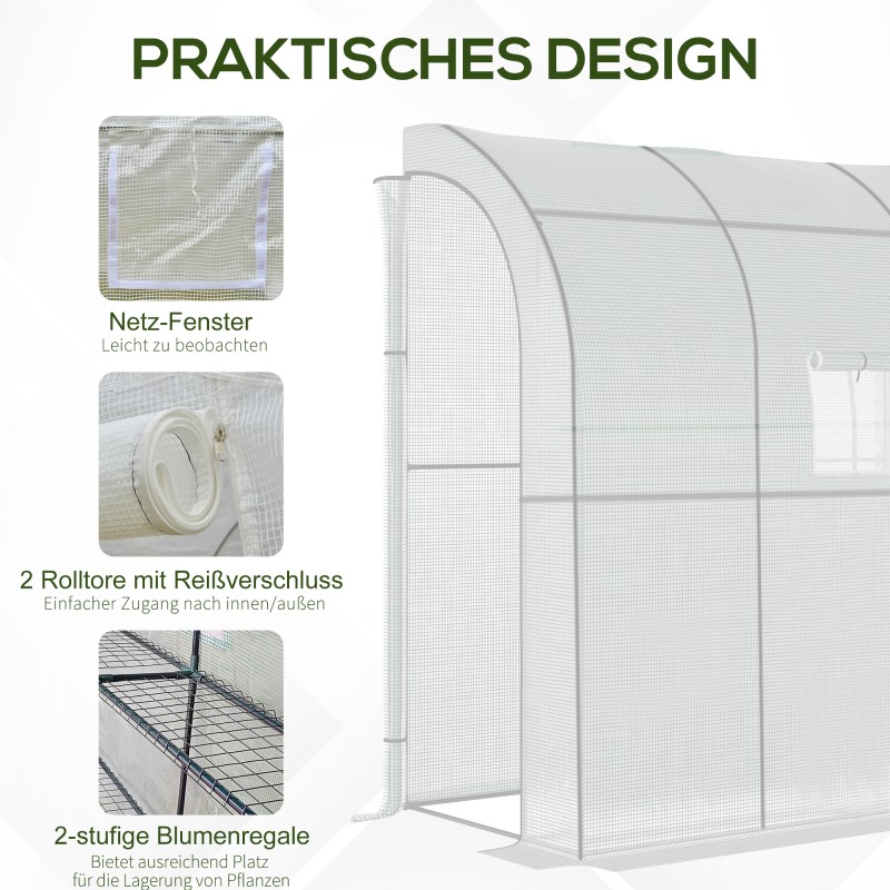 Seinänvieruskasvihuone tomaatille ja taimille, PE-kangas ja teräsrunko, 200 x 100 x 215 cm, valkoinen