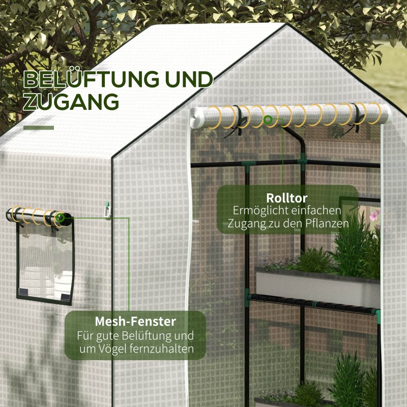 Kasvihuoneen vaihtomuovi UV-suojattu 135 GSM, rullattava ovi ja sivuikkunat, 140 x 73 x 190 cm, valkoinen