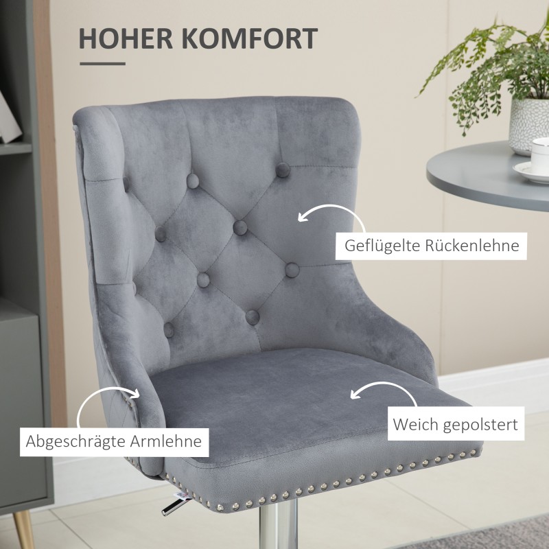 Säädettävät baarituolit keittiöön 2 kpl, kääntyvä samettipäällyste, teräsjalka, harmaa 49x60x102-123 cm