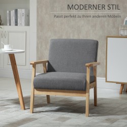 Skandinaavinen nojatuoli, massiivipuu ja pellavapintainen kangas, 64x70x72 cm, harmaa/luonnonväri