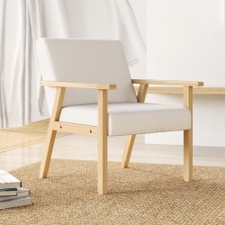 Nojatuoli käsinojilla ruokailutilaan, massiivipuurunko, leinenkankaan näköinen, 64 x 70 x 72 cm, creme