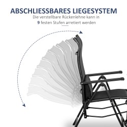 Taitettava puutarhatuoli tyynyllä, säädettävä selkänoja, teräsrunko, kantavuus 150 kg, musta
