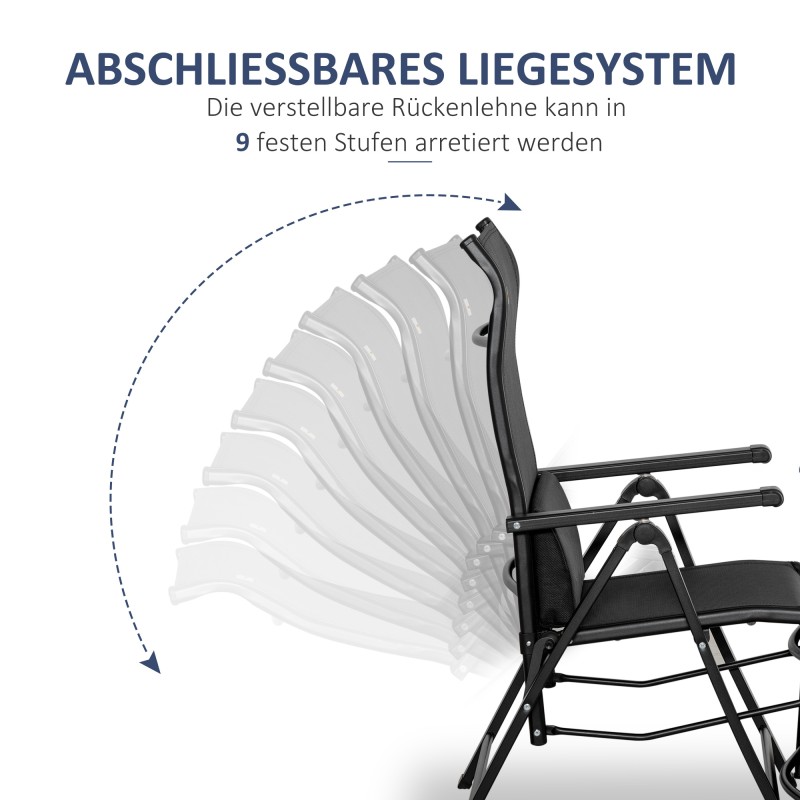 Taitettava puutarhatuoli tyynyllä, säädettävä selkänoja, teräsrunko, kantavuus 150 kg, musta