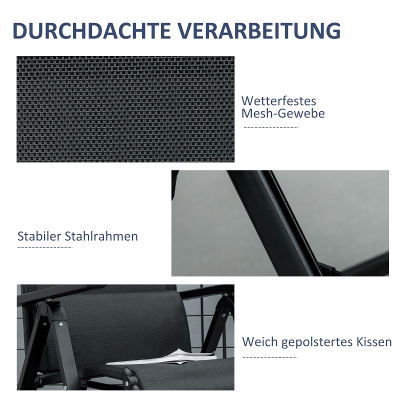 Taitettava puutarhatuoli tyynyllä, säädettävä selkänoja, teräsrunko, kantavuus 150 kg, musta