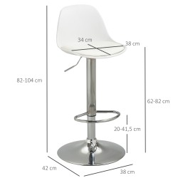 Baarituoli 2 kpl setti, keinonahka, korkeussäädettävä ja kääntyvä, 38x42x82-104 cm, valkoinen