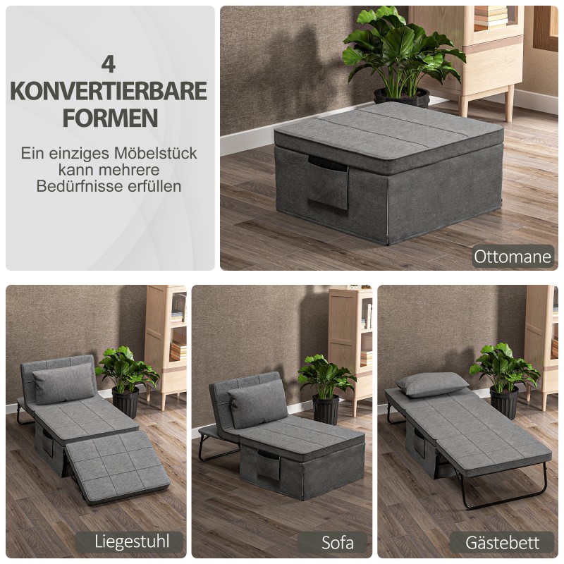 Taitettava 4-in-1 vierasvuode / klappisänky, teräsrunko, patja ja sivutaskut, 188 x 75 x 38 cm, harmaa