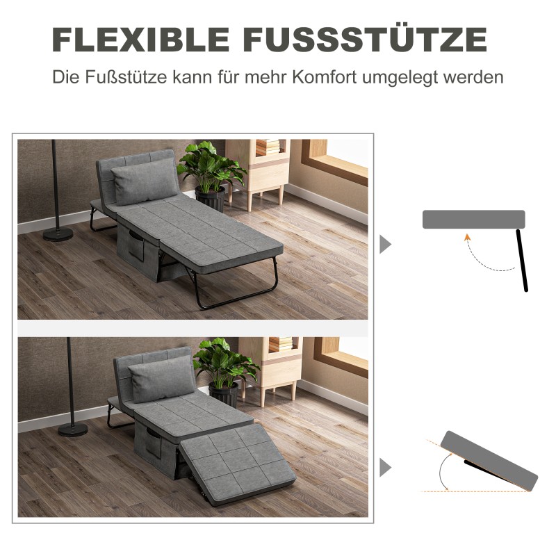 Taitettava 4-in-1 vierasvuode / klappisänky, teräsrunko, patja ja sivutaskut, 188 x 75 x 38 cm, harmaa