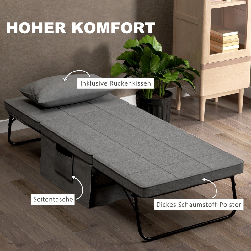 Taitettava 4-in-1 vierasvuode / klappisänky, teräsrunko, patja ja sivutaskut, 188 x 75 x 38 cm, harmaa