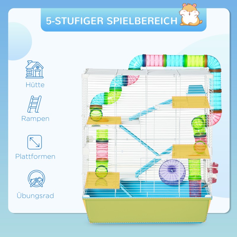 Hamsterihäkki pienille hamstereille ja gerbiileille, 5 tasoa, metalliverkko, 59 x 36 x 69 cm, vaaleansininen/valkoinen