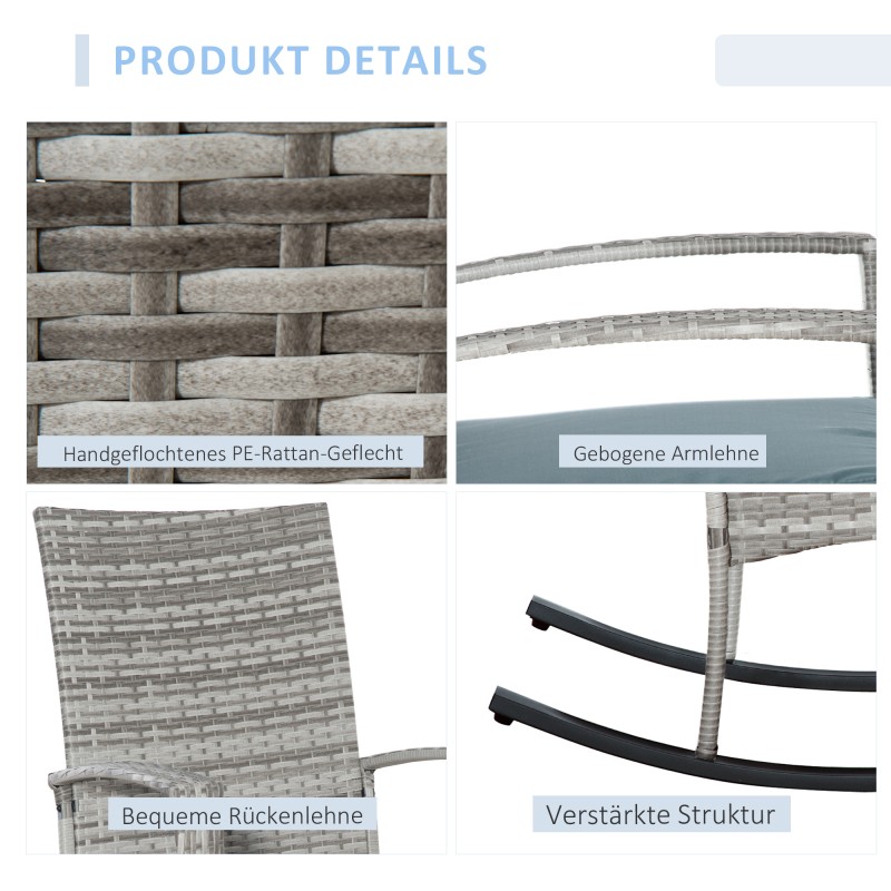 Keinutuoli ulkokäyttöön polyrattanista ja metallista, 66 x 88 x 98 cm, harmaa, pehmusteella