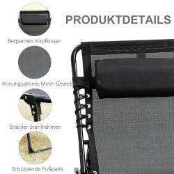 Taitettava aurinkotuoli ulkokäyttöön, teräsrunko ja verkkomateriaali, 185 x 58 cm, 120 kg, musta