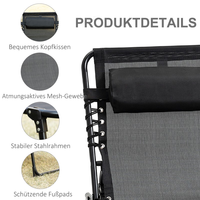 Taitettava aurinkotuoli ulkokäyttöön, teräsrunko ja verkkomateriaali, 185 x 58 cm, 120 kg, musta