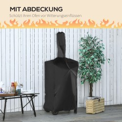 2-in-1 ulkopizza- ja grilliuuni pyörillä, terästä, 3-tasoinen, 63 x 54 x 161 cm, musta/hopea