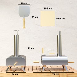 Ulkokäyttöön pizzauuni puupelleteille, ruostumatonta terästä, pizzakivi ja lapio, hopea
