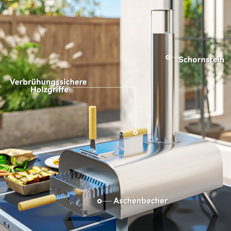 Ulkokäyttöön pizzauuni puupelleteille, ruostumatonta terästä, pizzakivi ja lapio, hopea