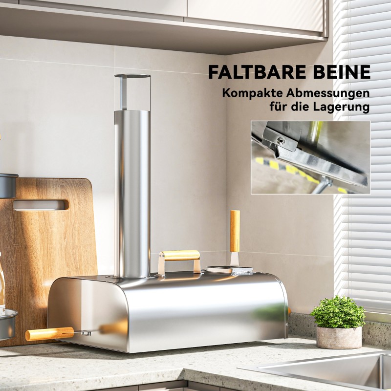 Ulkokäyttöön pizzauuni puupelleteille, ruostumatonta terästä, pizzakivi ja lapio, hopea