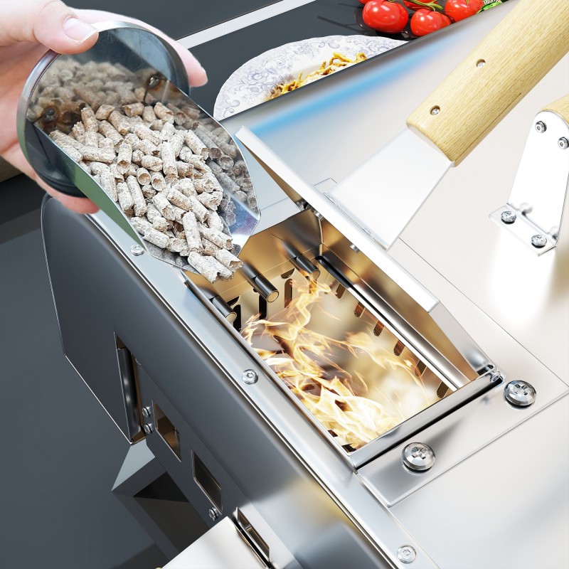 Ulkokäyttöön pizzauuni puupelleteille, ruostumatonta terästä, pizzakivi ja lapio, hopea