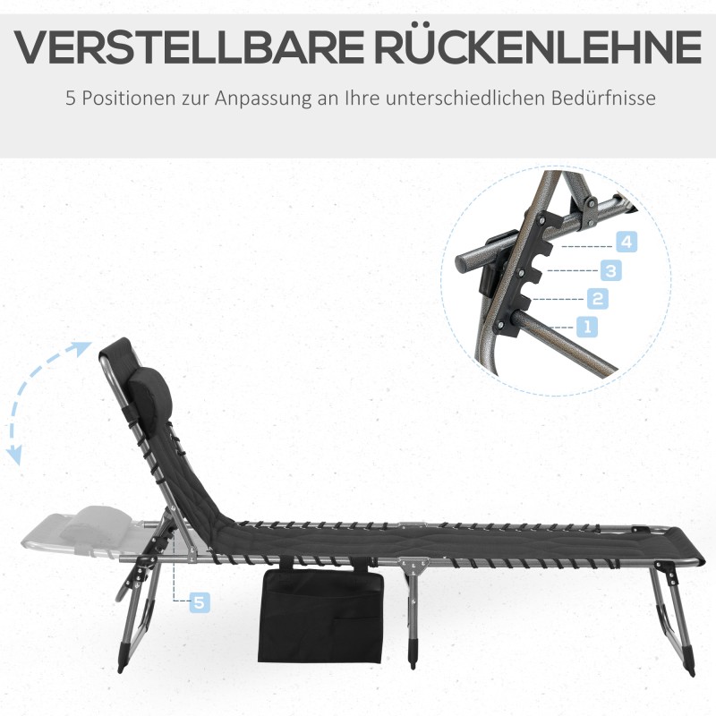 Taitettava aurinkotuoli puutarhaan, teräs ja Oxford-kangas, 188 x 57 x 30 cm, musta