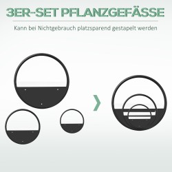 Seinäruukut kasveille, 3 kpl sarja, teräs ja akryyli, musta, pyöreä, sisä- ja ulkokäyttöön