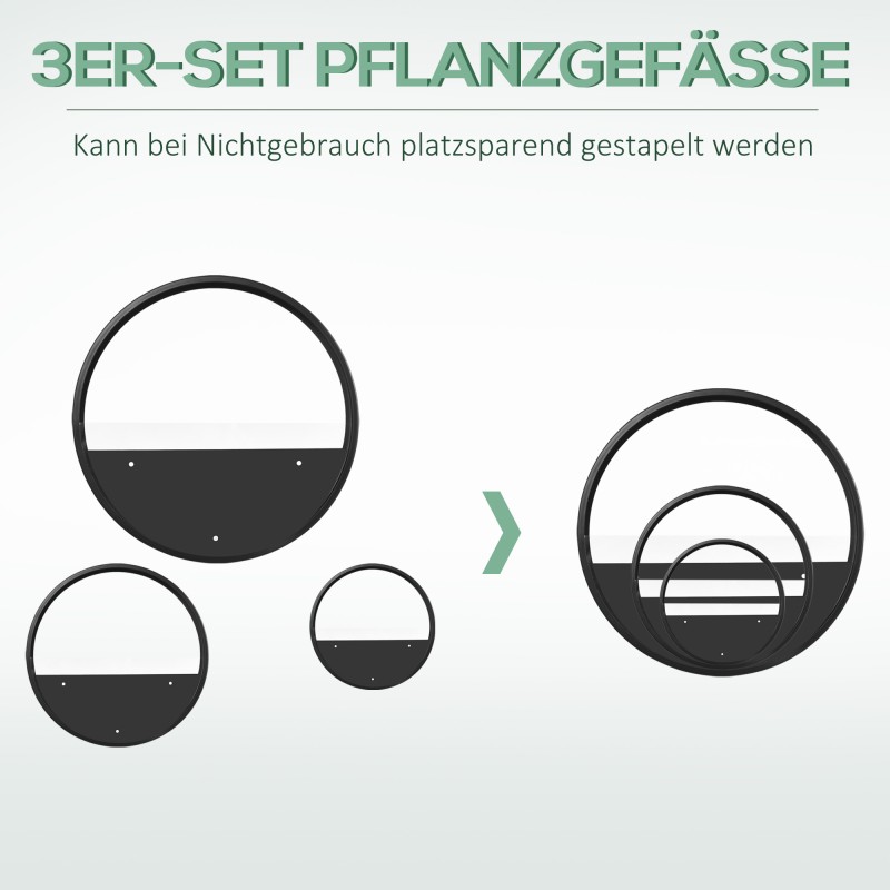 Seinäruukut kasveille, 3 kpl sarja, teräs ja akryyli, musta, pyöreä, sisä- ja ulkokäyttöön