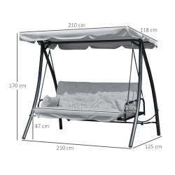 Puutarhakeinu 3 hengelle selkänojan laskutoiminnolla ja säädettävällä katoksella, metalli/polyesteri, harmaa
