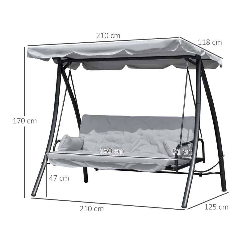Puutarhakeinu 3 hengelle selkänojan laskutoiminnolla ja säädettävällä katoksella, metalli/polyesteri, harmaa