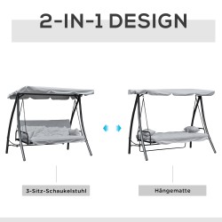 Puutarhakeinu 3 hengelle selkänojan laskutoiminnolla ja säädettävällä katoksella, metalli/polyesteri, harmaa