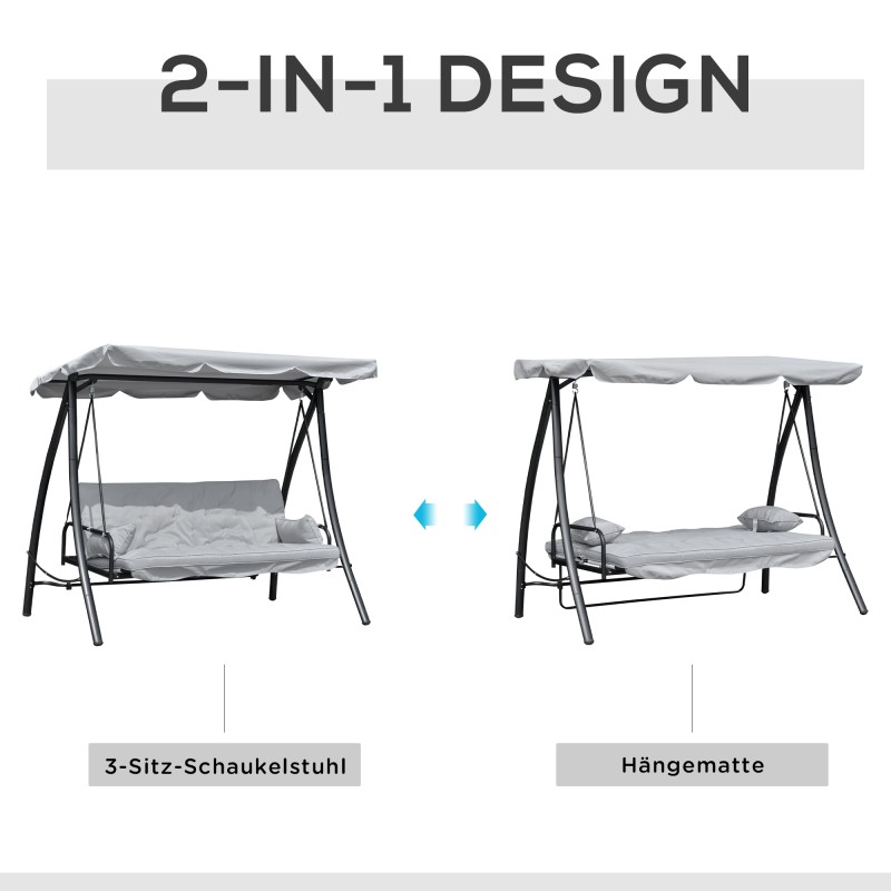 Puutarhakeinu 3 hengelle selkänojan laskutoiminnolla ja säädettävällä katoksella, metalli/polyesteri, harmaa