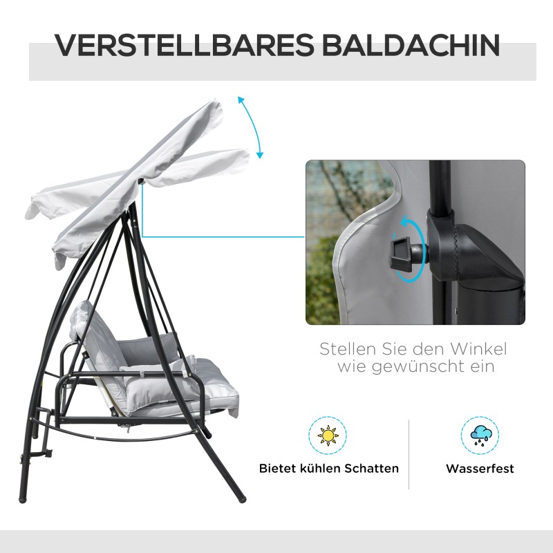 Puutarhakeinu 3 hengelle selkänojan laskutoiminnolla ja säädettävällä katoksella, metalli/polyesteri, harmaa