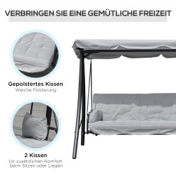 Puutarhakeinu 3 hengelle selkänojan laskutoiminnolla ja säädettävällä katoksella, metalli/polyesteri, harmaa