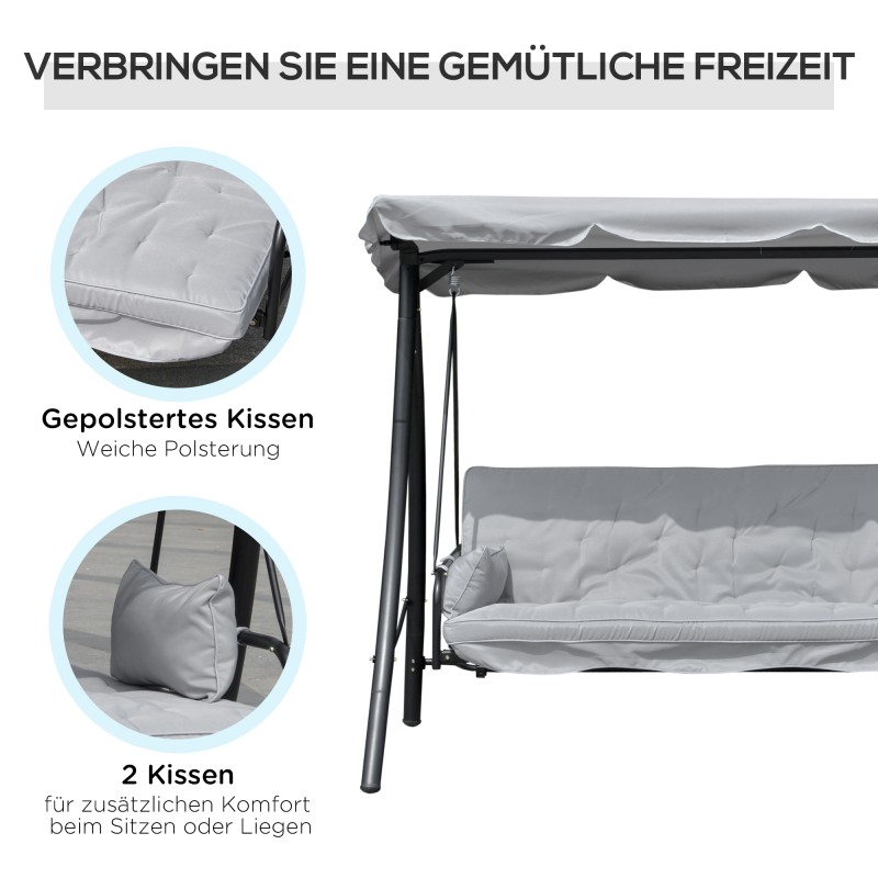 Puutarhakeinu 3 hengelle selkänojan laskutoiminnolla ja säädettävällä katoksella, metalli/polyesteri, harmaa