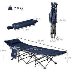 Taittuva kenttävuode teräsrungolla ja tyynyllä 188 x 64,5 x 53 cm tummansininen