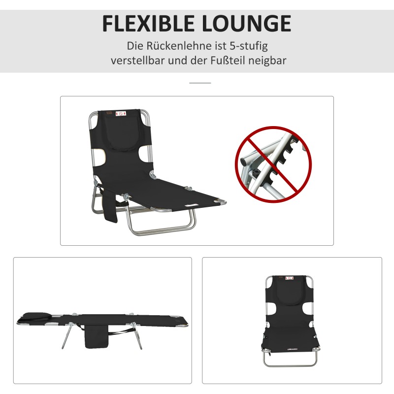 Taittuva puutarhalepotuoli kasvoreiällä, teräsrunko ja kangas, 185 x 55 cm, musta