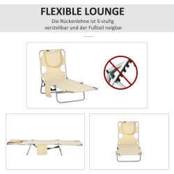 Taitettava puutarhan aurinkotuoli kasvoaukolla, teräsrunko ja polyesterikangas, beige