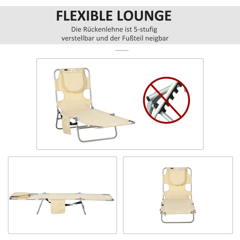 Taitettava puutarhan aurinkotuoli kasvoaukolla, teräsrunko ja polyesterikangas, beige