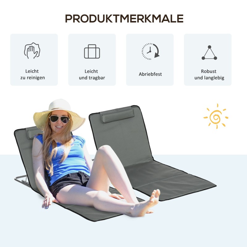 Rantatuolisetti 2 kpl, kokoontaitettava ja säädettävä selkänoja, teräsrunko, 124 x 53 cm, harmaa