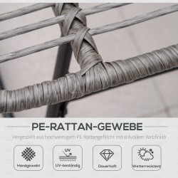 Rottinkityylinen lepotuoli ja jalkarahi ulkokäyttöön, metalli- ja PE-punos, paksut pehmusteet, harmaa