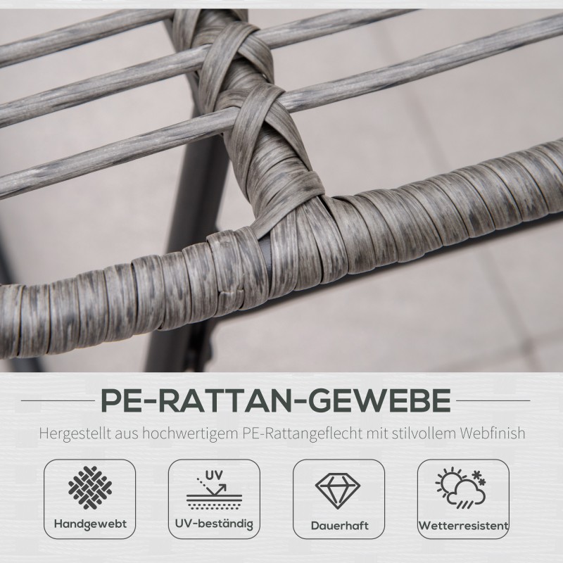 Rottinkityylinen lepotuoli ja jalkarahi ulkokäyttöön, metalli- ja PE-punos, paksut pehmusteet, harmaa