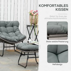 Rottinkityylinen lepotuoli ja jalkarahi ulkokäyttöön, metalli- ja PE-punos, paksut pehmusteet, harmaa