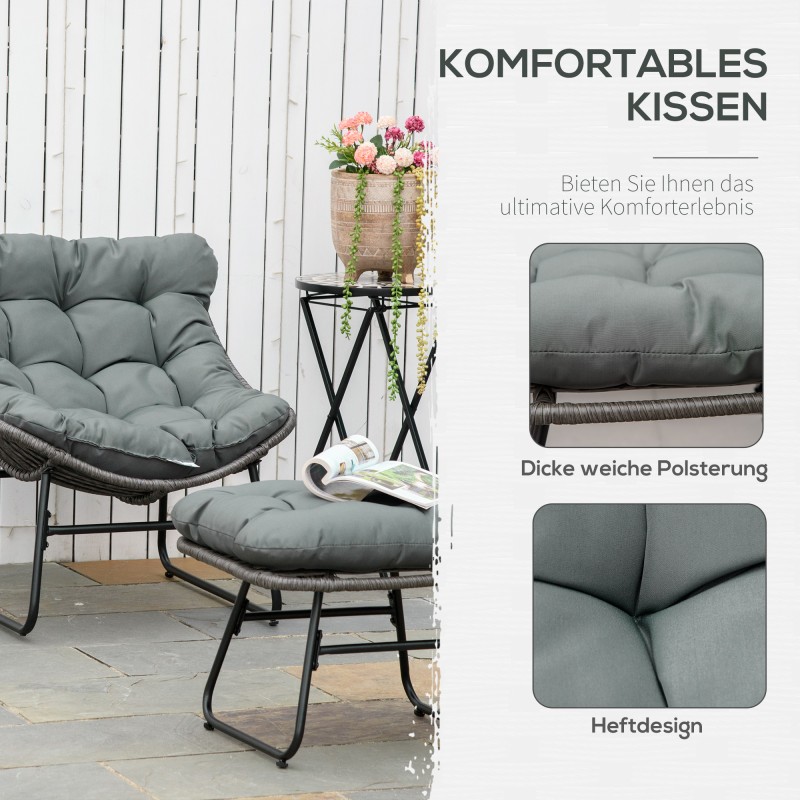 Rottinkityylinen lepotuoli ja jalkarahi ulkokäyttöön, metalli- ja PE-punos, paksut pehmusteet, harmaa