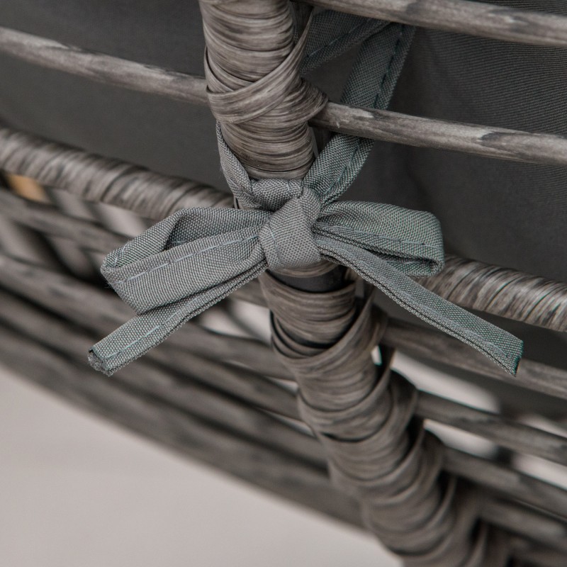 Rottinkityylinen lepotuoli ja jalkarahi ulkokäyttöön, metalli- ja PE-punos, paksut pehmusteet, harmaa