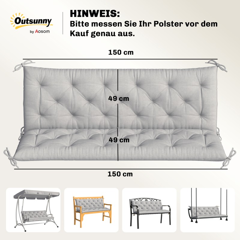 Puutarhapenkkiin istuinpehmuste 3:lle, polyesteri vaahtomuovilla 150x98x8 cm, vaaleanharmaa