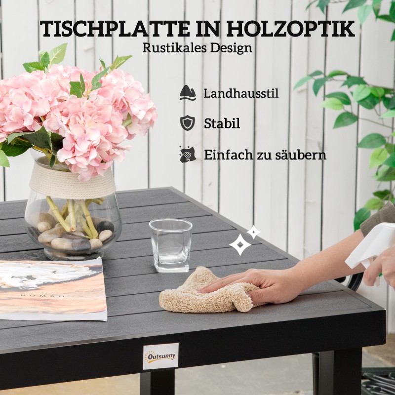 Ulkopöytä 4 hengelle, alumiinirunko ja muovisäleet, 78 x 78 x 74 cm, musta