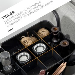 Säilytyskärry 3 tasoa koukuilla ja ripustuskoteloilla, teräs ja muovi, musta