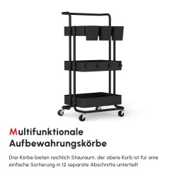 Säilytyskärry 3 tasoa koukuilla ja ripustuskoteloilla, teräs ja muovi, musta