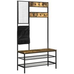 Naulakko penkillä ja säilytyshyllyillä teollinen tyyli muistitaulu ja kangastasku 100 x 40 x 185 cm musta ruskea